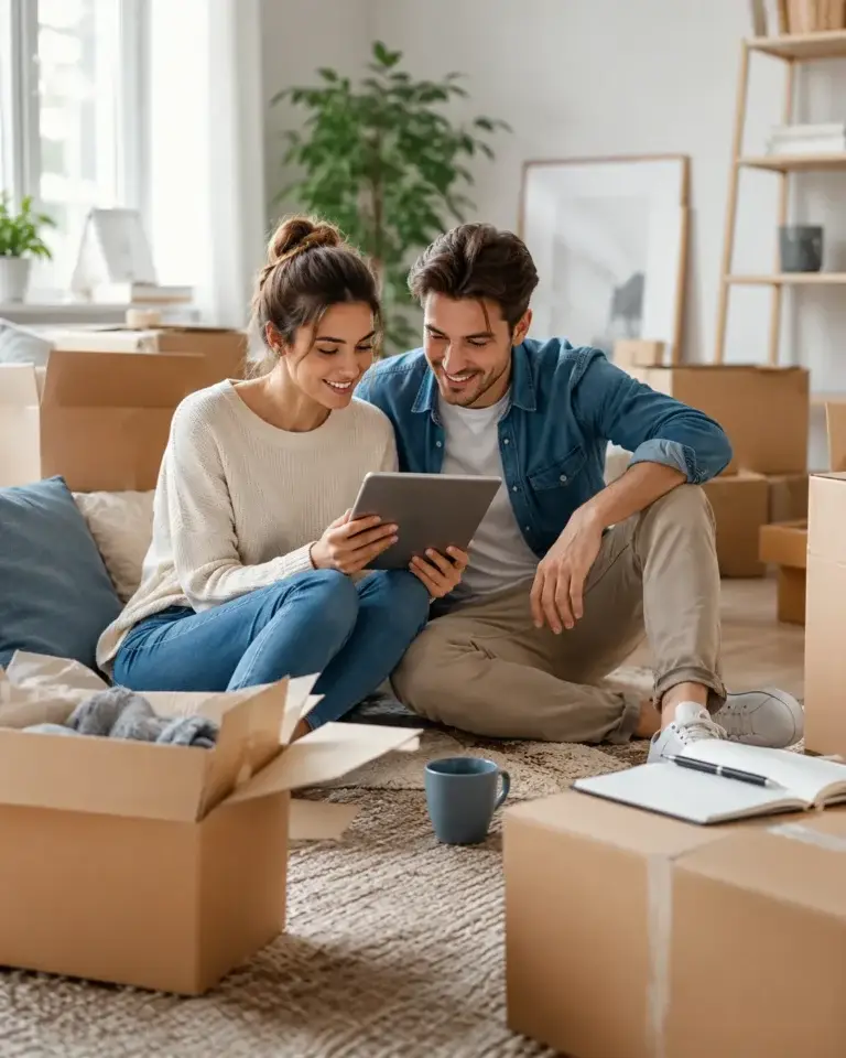 bekijkt samen verhuistips op een tablet tussen verhuisdozen in een lichte nieuwe woning.
