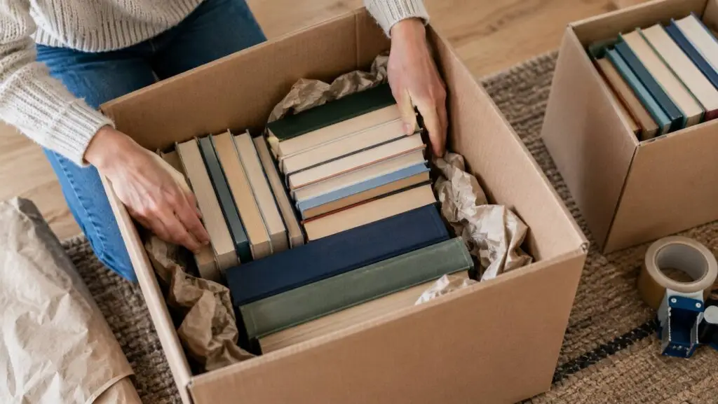 Boeken inpakken verhuizing met het gewicht veilig verdeeld in de doos