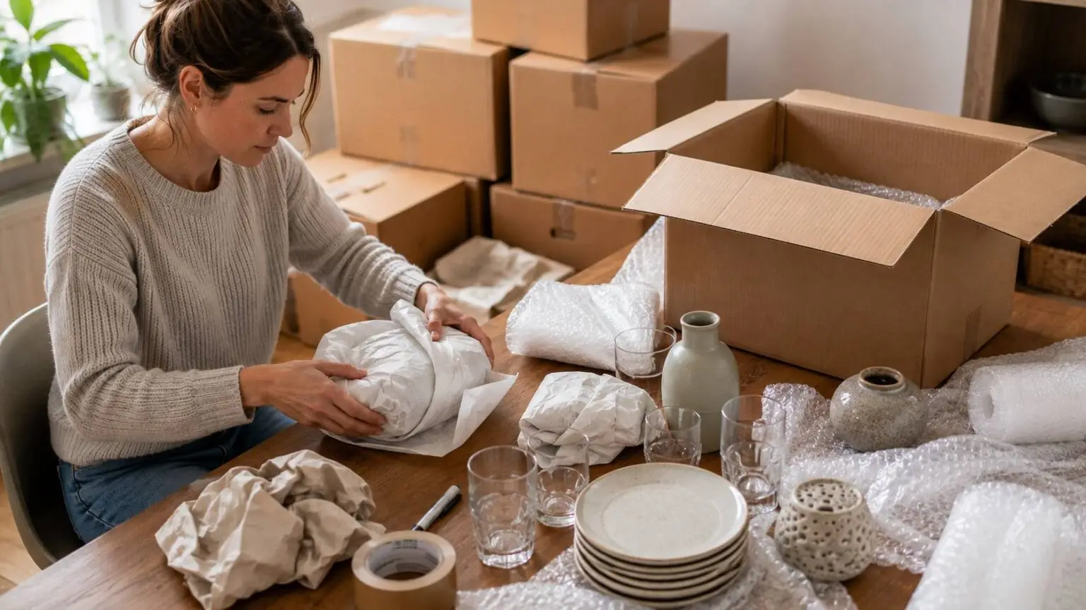 Breekbare spullen inpakken met beschermend materiaal voor een verhuizing