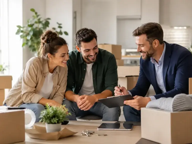 Stel bespreekt de verhuizing met een professionele verhuispartner tussen verhuisdozen, sleutels en inpakmateriaal.