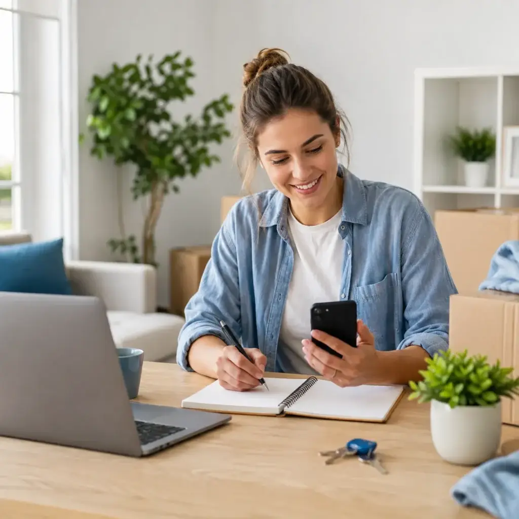 Vrouw neemt contact op met Verhuistip via smartphone terwijl ze notities maakt aan tafel met laptop, sleutels en verhuisdozen.