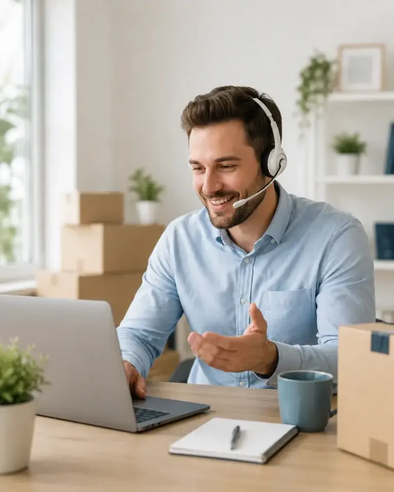Medewerker van Verhuistip met headset beantwoordt verhuisvragen via laptop in een lichte thuiswerkplek met verhuisdozen.