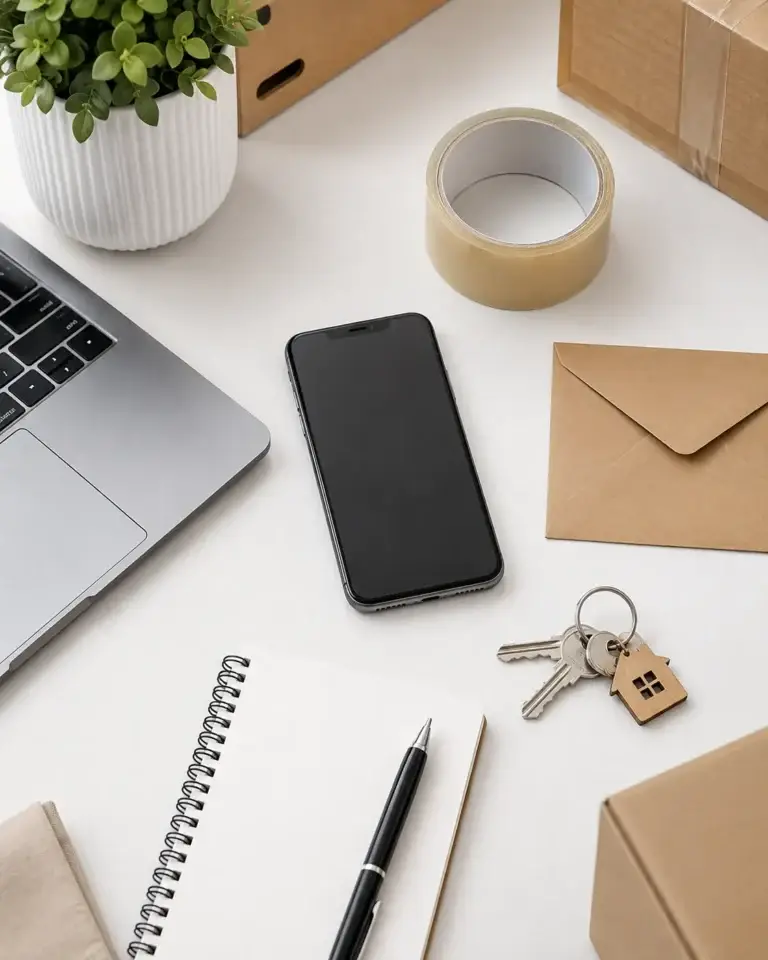Minimalistische werkplek met smartphone, laptop, notitieboek, sleutels, envelop en inpaktape voor contact over verhuizen.