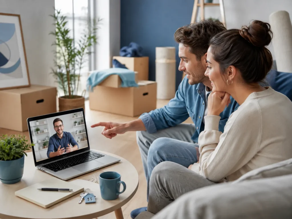 Stel voert een videogesprek over hun verhuizing via laptop in een nieuwe woning met verhuisdozen en notities op tafel.