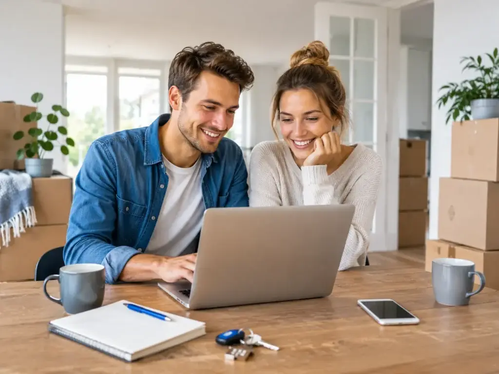 Jong stel registreert zich bij Verhuistip op een laptop aan tafel in een nieuwe woning met verhuisdozen, sleutels en notitieboek.