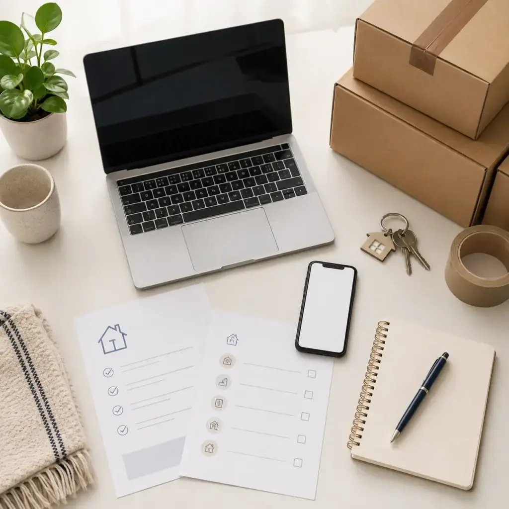 Overzichtelijke werkplek met laptop, smartphone, checklist, notitieboek, sleutels, inpaktape en verhuisdozen voor registratie bij Verhuistip.