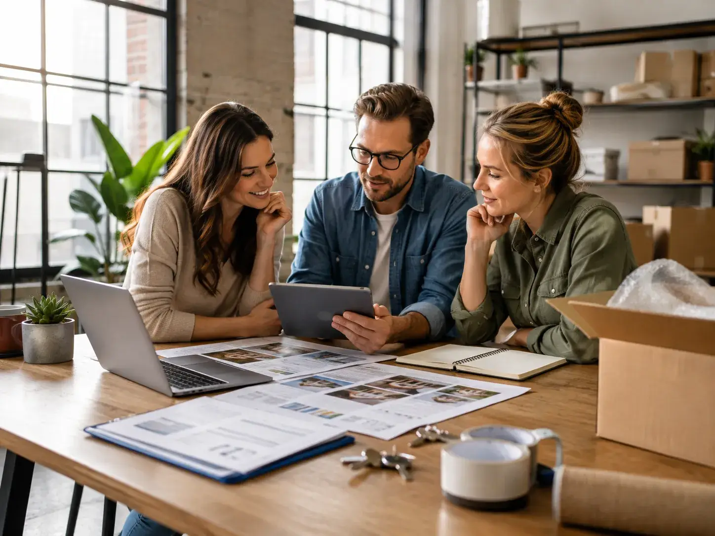 Drie mensen bespreken registratie en praktische verhuisinformatie aan tafel met tablet, laptop, documenten en verhuisdozen.