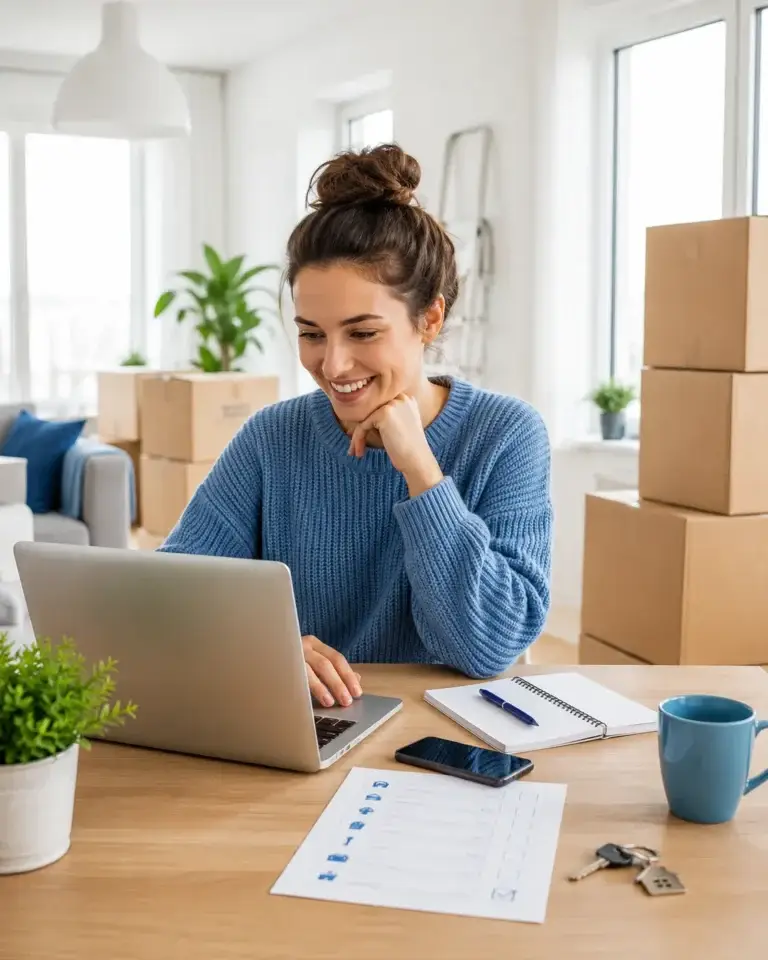 Vrouw bekijkt verhuistips en een verhuischecklist op haar laptop aan tafel met verhuisdozen, sleutels en notitieboek.
