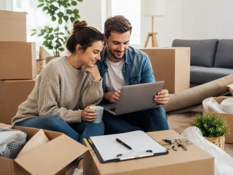 Stel zoekt samen informatie over hun verhuizing op een laptop tussen verhuisdozen, checklist, sleutels en inpakmateriaal.