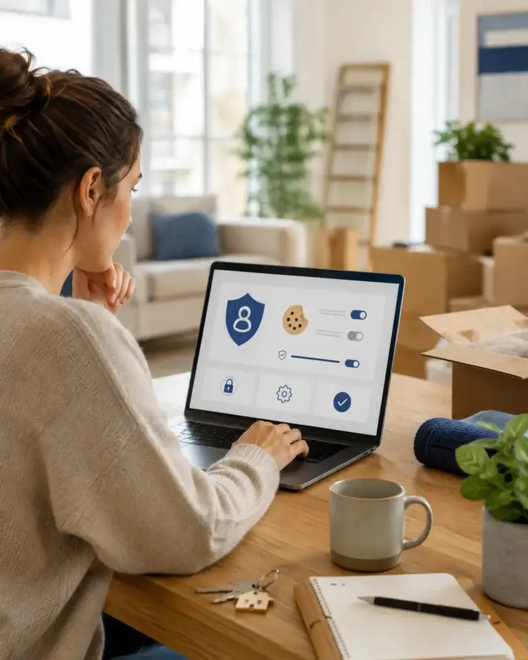Vrouw beheert cookie- en privacyinstellingen op een laptop in een lichte woning met verhuisdozen, sleutels en notitieboek.