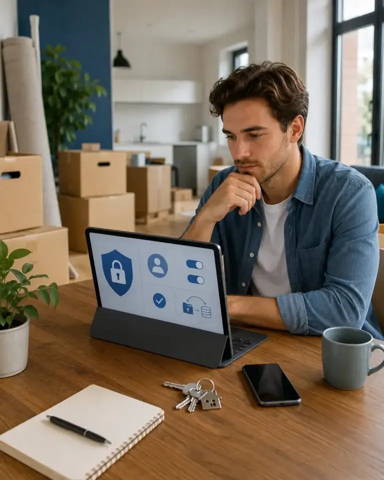 Man bekijkt privacy- en gegevensinstellingen op een tablet in een nieuwe woning met verhuisdozen, sleutels, smartphone en notitieboek.