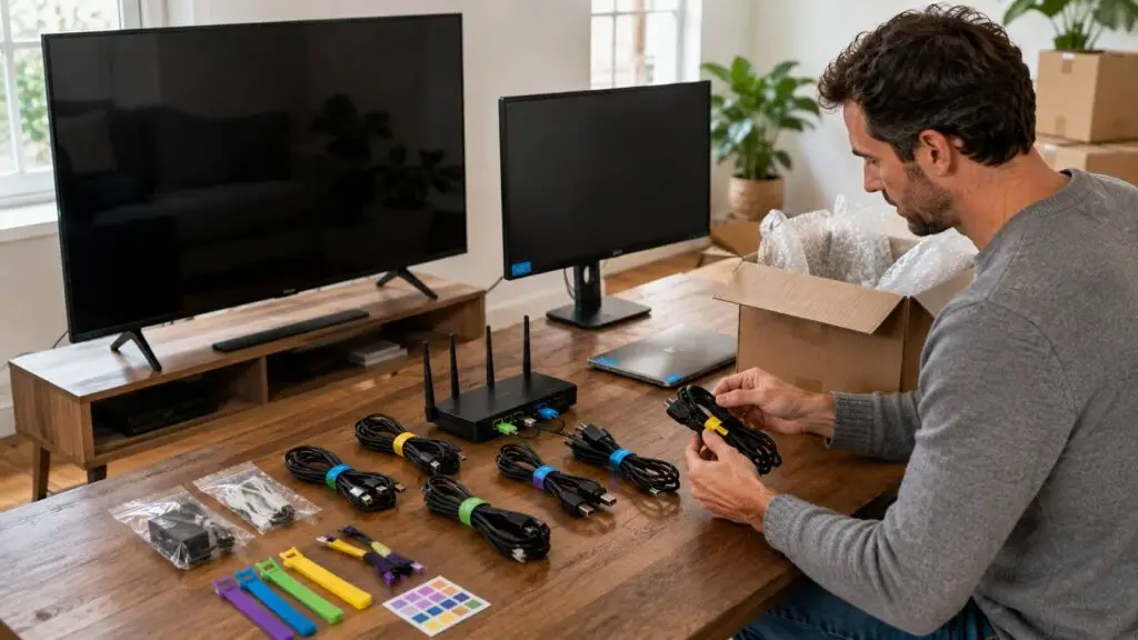 Elektronica verhuizen met kabels per apparaat georganiseerd