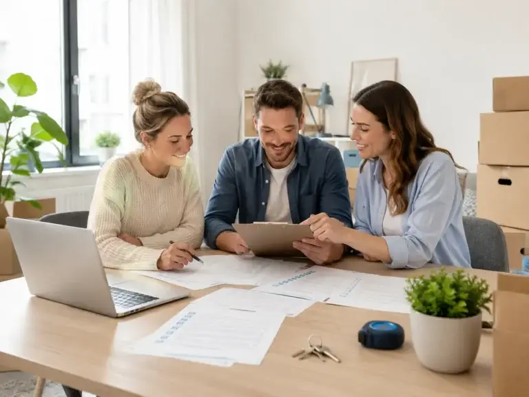 Team van Verhuistip bespreekt praktische verhuistips en checklists aan tafel met laptop, documenten, sleutels en verhuisdozen.