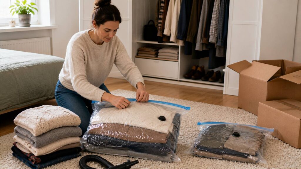 Kleding verhuizen met vacuümzakken voor seizoenskleding en zachte textiel