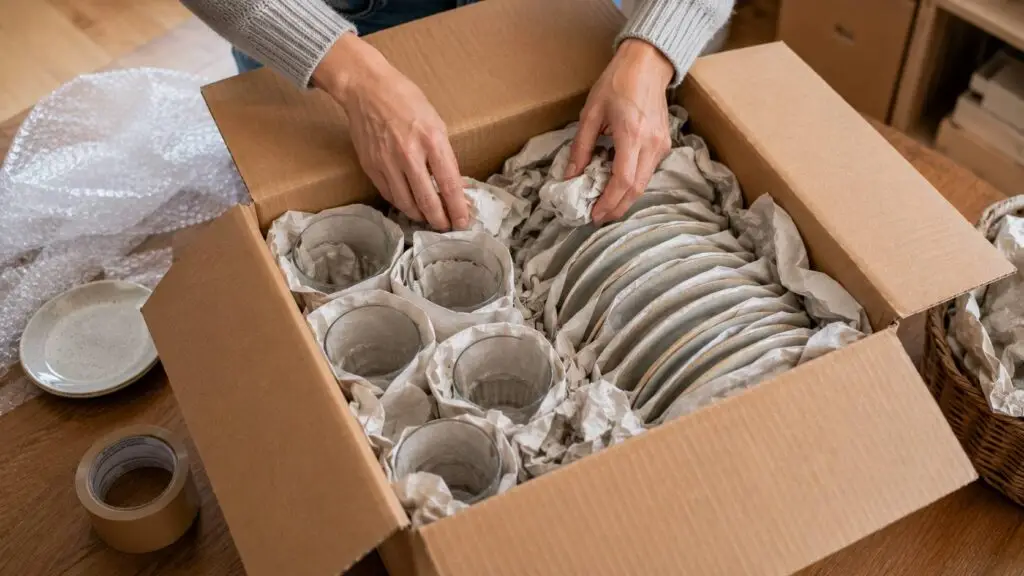 Breekbare spullen inpakken met servies en glazen veilig in de verhuisdoos