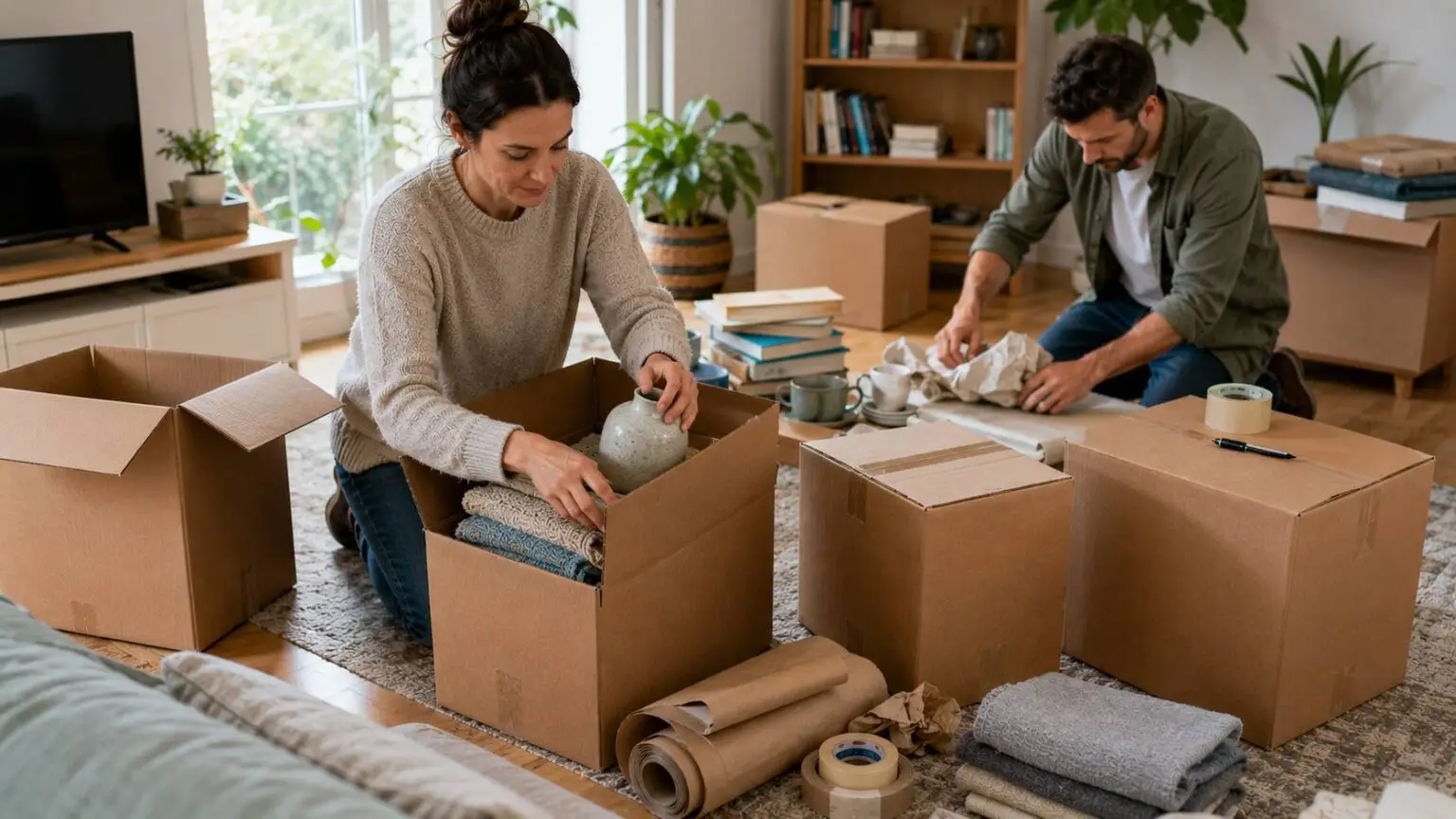 Verhuisdozen inpakken met verschillende spullen voor een georganiseerde verhuizing