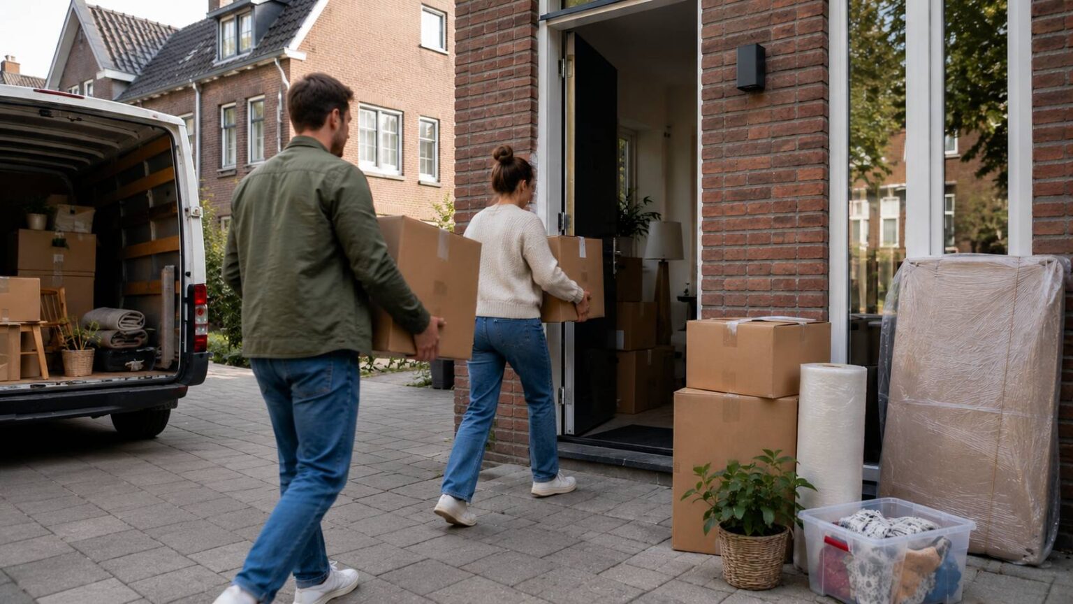 Verhuizen naar een nieuwe woning met verhuisdozen en verhuiswagen